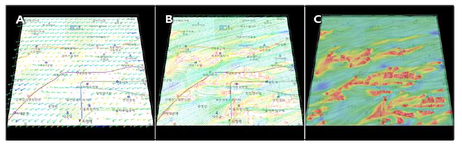흐름도 가시화 기법 : A(바람벡터), B(유선), C(LIC 래스터)