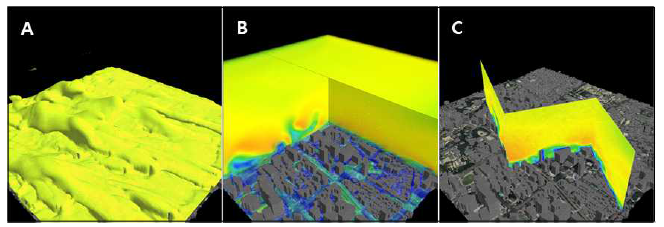 3차원 체적 가시화 기법 : A(3D표면: isosurface), B(3D체적: volume rendering), C(3D단면: 병풍형 단면)