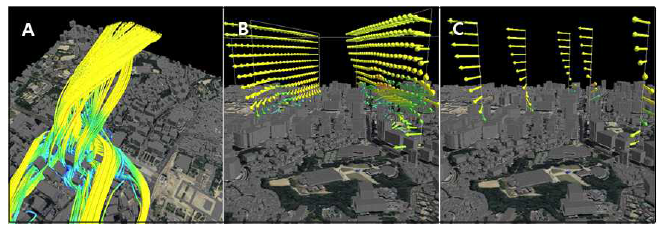 3차원 유선 가시화 기법 : A(3D유선), B(3D바람벡터), C(연직 프로파일)