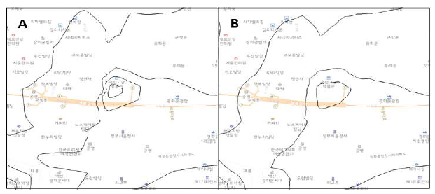 등치선 – 셀 크기에 따른 표출 결과 비교: A(1 x 단위격자), B(5 x 단위격자)