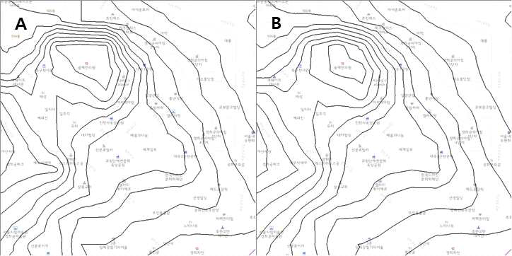 등치선 – 셀 격자 평활화 옵션에 따른 표출 결과 비교: A(격자값 사용 표출), B(격자 평활화 표출)