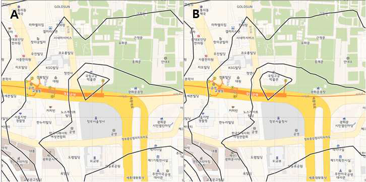 등치선 – 셀 모양에 따른 표출 결과 비교: A(사각형 셀), B(삼각형 셀)