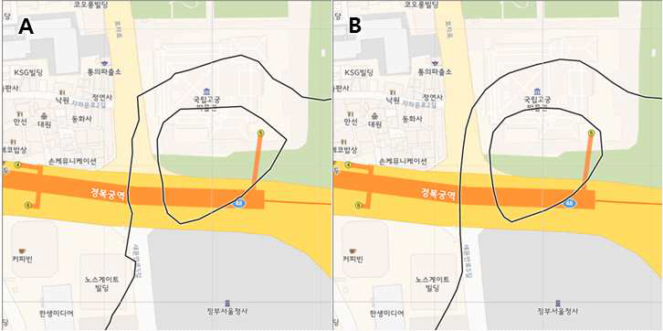 등치선 – 후처리에 따른 표출 결과 비교: A(기본:polygon), B(B-Spline 곡선)