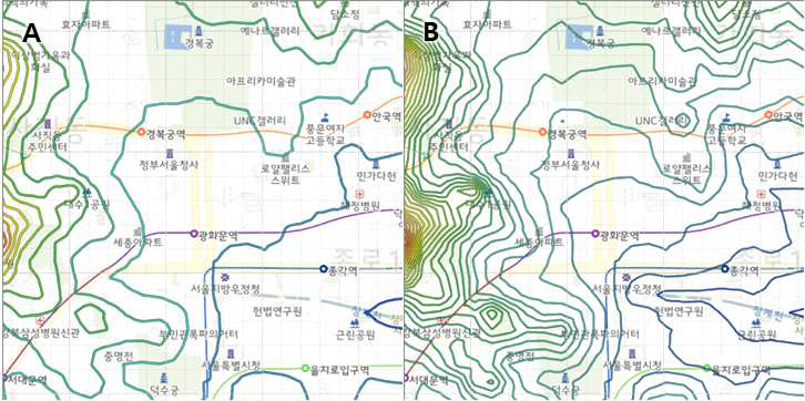 등치선 – 레벨 간격에 따른 지형고도 결과 비교: A(간격 = 5m), B(간격 = 2m)