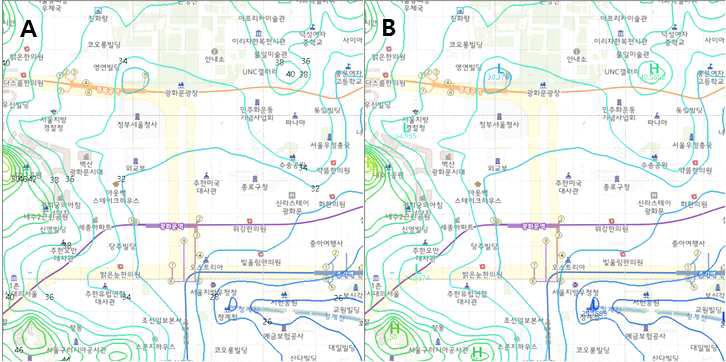 등치선 – 레이블 및 극값위치 중첩 결과: A(등치선 레이블 중첩), B(극값위치 탐색 및 중첩)