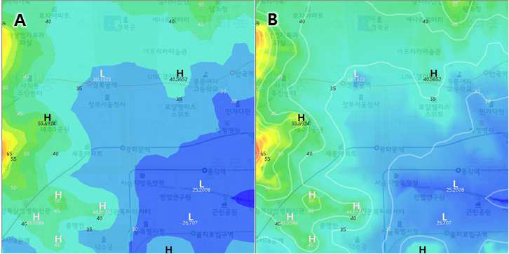 등치선 – 중첩 옵션에 따른 표출 결과 비교: A(shading), B(raster + contour)