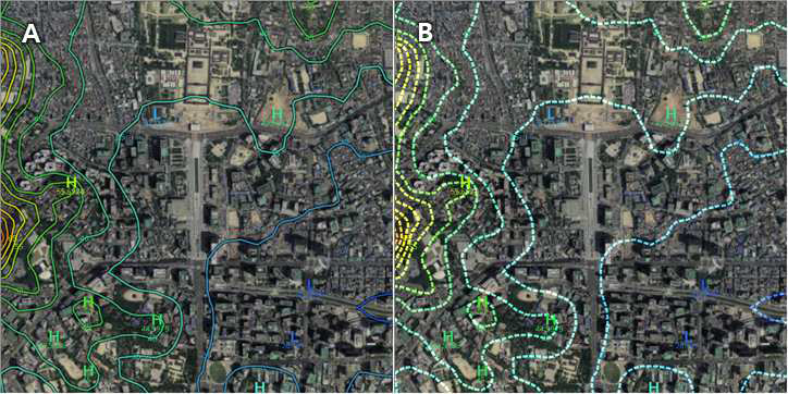 등치선 – 선 모양에 따른 표출 결과 비교: A(실선 + 어두운 외곽선), B(점선 + 반투명 중첩)