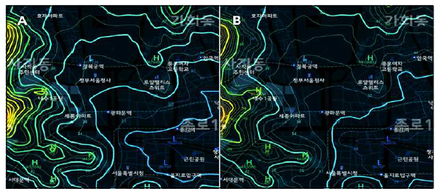 등치선 – 주선 간격에 따른 표출 결과 비교: A(주선 간격 = 2), B(주선 간격 = 5)