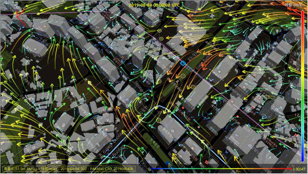 도시규모 고해상도 3차원 기상장 평면 흐름도 표출
