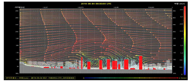 도시규모 고해상도 3차원 기상장 연직흐름도 표출