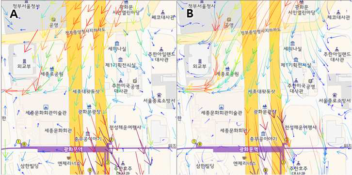 바람벡터 – 유형에 따른 표출 결과 비교: A(기본 바람벡터), B(곡선 바람벡터)