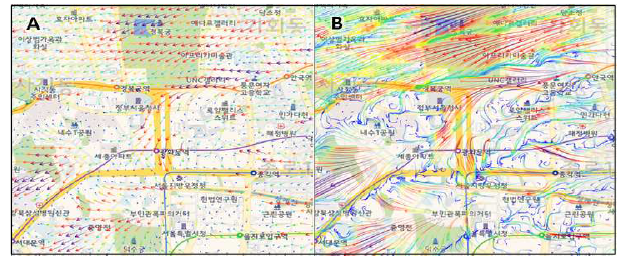 바람벡터 – 추적 횟수에 따른 곡선 바람벡터 표출 결과 비교: A(4회), B(20회)