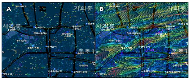 유선 – 벡터 길이에 따른 유선벡터 표출 결과 비교: A(10%), B(90%)