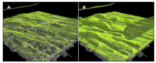 3D표면 – mesh 크기에 따른 표출 결과 비교: A(크기 = 4x단위격자크기, 연직비율 = 100%), B(크기 = 1x단위격자크기, 연직비율 = 50%)