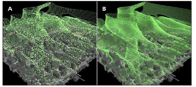 3D표면 – 점 서식에 따른 격자점 표출 결과 비교: A(표출간격 = 5x단위격자크기, 점 크기 = 5px), B(표출간격 = 1x단위격자크기, 점 크기 = 2px)