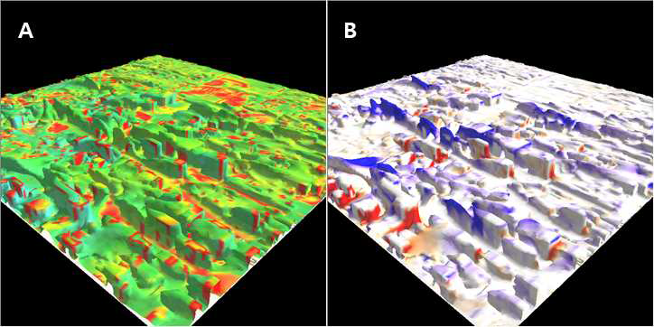 3D표면 – 표면 색상변수에 따른 표출 결과 비교: A(색상변수 = 기온), B(색상변수 = 연직속도)