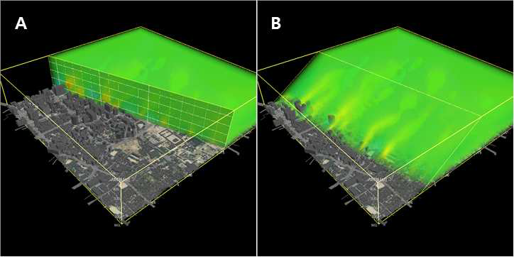 3D체적 – 절단면에 따른 volume rendering 결과 비교: A(임의 연직 절단면), B(임의 경사 절단면)