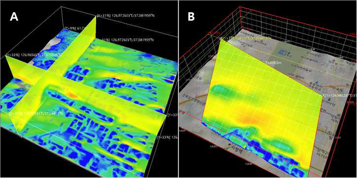 3D체적 – 단면유형에 따른 단면 표출 결과 비교: A(직교단면), B(경사단면)
