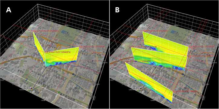 3D체적 – 단면유형에 따른 단면 표출 결과 비교: A(병풍단면), B(연직단면)