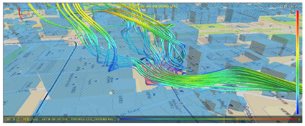 도시규모 고해상도 3차원 기상장 3D유선(Streamline) 표출