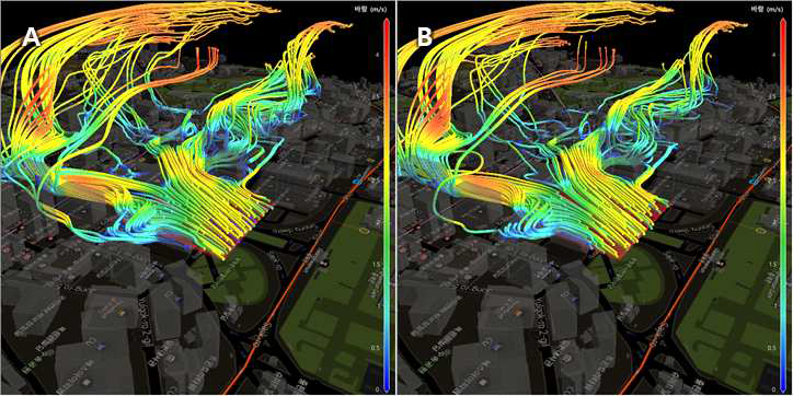 3D유선 – 추적종료 임계속도에 따른 표출 결과 비교: A(풍속 < 0.0001m/s), B(풍속 < 0.1m/s)