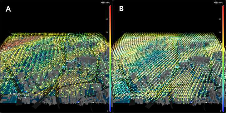 3D유선벡터와 3D바람벡터 표출 결과 비교: A(유선벡터), B(바람벡터)