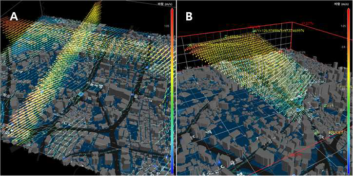 3D바람벡터 – 단면유형에 따른 표출 결과 비교: A(직교단면), B(경사단면)