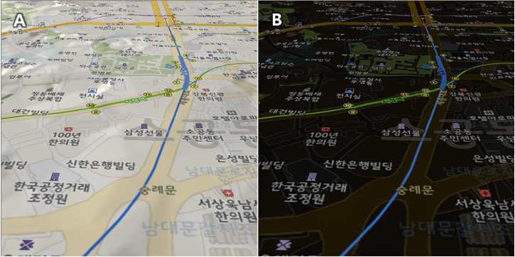 타일맵 – 명도값 조절에 따른 표출 결과 비교: A(기본), B(명도 반전)