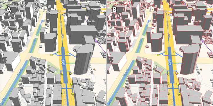 건물정보 – 건물 모서리선 서식에 따른 표출 결과 비교: A(색상 = 75% 회색, 대시모양 = 점선), B(색상 = 빨강, 대시모양 = 실선)