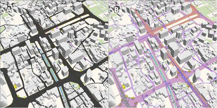 건물정보 – 도로정보 서식에 따른 표출 결과 비교: A(색상 = 90% 회색, 채우기 = solid hatch), B(색상 = 보라, 채우기 = 50% hatch)