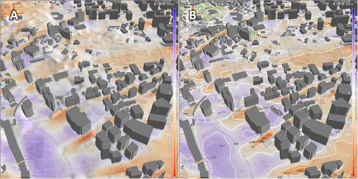 PALM-MUSE 모델 기상장(지면고도 체계)의 평면 분포도(해발고도 기준) 표출 비교: A(산출 이미지의 연직좌표를 해발고도로 변환하여 곡면으로 중첩). B(해발고도면의 격자자료를 내삽한 후 이미지를 산출하여 중첩)