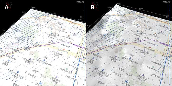 PALM-MUSE 모델 바람장(지면고도 체계)의 평면 흐름도 표출 비교: A(원본: 지면고도 기준), B(연직좌표 변환: 해발고도 기준)