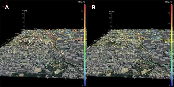 PARANS-CFD 모델 바람장(해발고도 체계)의 평면 흐름도(지면고도 기준으로 변환) 표출 비교: A(해발고도 기준으로 산출한 유선의 연직좌표를 지면고도로 변환하여 중첩), B(지면고도 기준의 평면 바람 격자자료로 내삽한 후 유선을 산출하여 중첩)