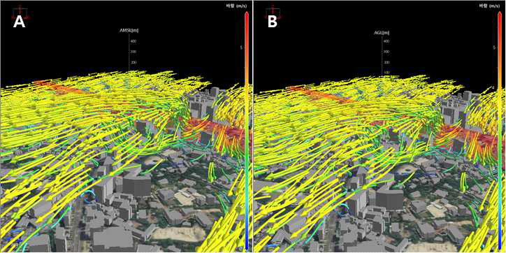 PARANS-CFD 모델 바람장(해발고도 체계)의 3차원 흐름도(유선) 표출 비교: A(원본: 해발고도 기준), B(연직좌표 변환: 지면고도 기준)