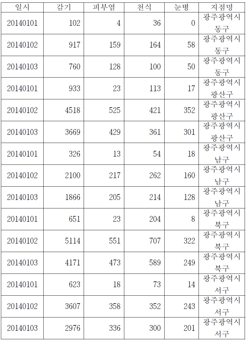 광주광역시 보건정보(진료건수) 예시