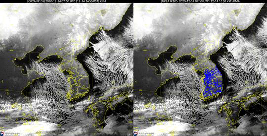 한반도 위성사진(좌:위성 영상, 우: 국내 도로 CCTV 위치를 표시한 위성영상)