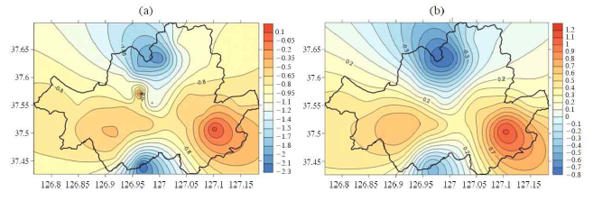 서울의 야간(2100~0300 LST) 평균기온편차 분포 (a) 관측 (b) LAPS (Chun et al., 2014)