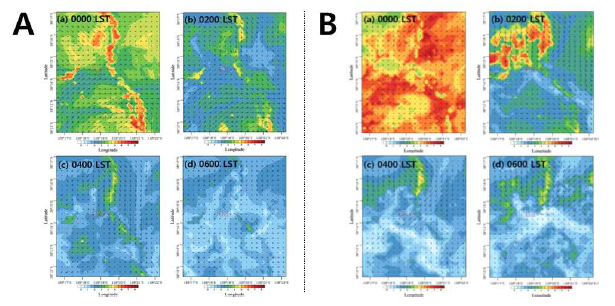 자료동화를 적용하지 않은 경우(A)와 자료동화를 적용한 경우(B)의 시간별 기온노점차의 수평분포(강미선 등, 2015)