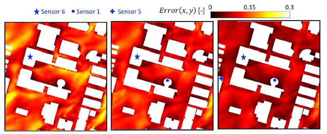 센서 데이터를 이용하여 자료동화를 적용했을 때, 센서 배치에 따른 유속 오차(Sousa et al., 2018)