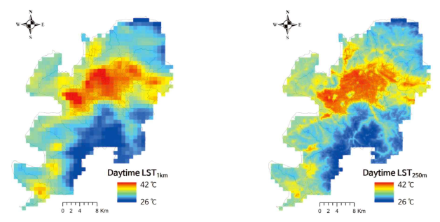 2017년 폭염사례 기간 동안의 평균된 주간 지표면 온도 분포(MODIS 자료)(좌)와 인공지능을 이용한 상세화 지표면 온도 분포 자료(우)(유철희 등, 2017)