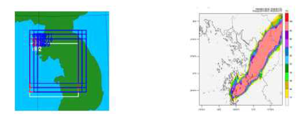 WRF 수치모의 시, 둥지 격자 체계(좌)와 2014년 8월 21일 03시부터 09시 LST 동안의 강수 확률분포(박혜자 등, 2015)