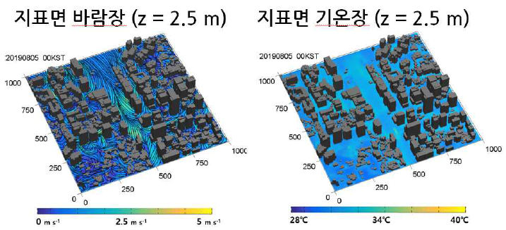 PARANS 모델이 예측한 지상 유선 분포와 기온 분포 예시