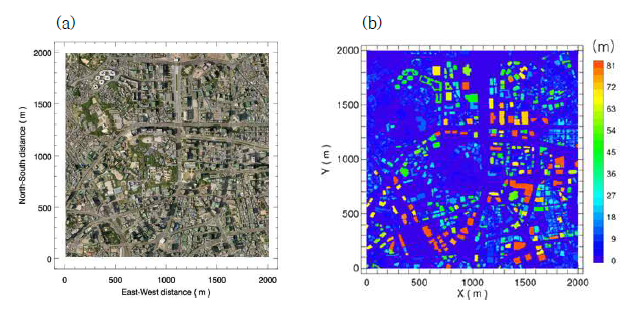대상 도심지역의 (a) 위성사진, (b) 건물 고도 (수평 해상도 1 m)