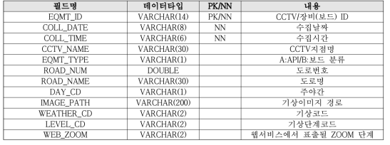 CCTV분석 데이터 테이블 정보