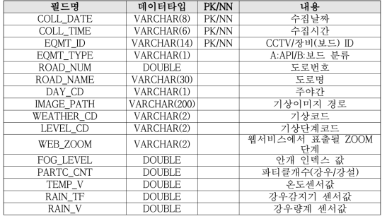 CCTV분석 데이터 누적 테이블 정보