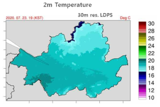 30m 해상도로 상세화한 LDSP 2미터 기온 (2020년 7월 23일 19시 KST)