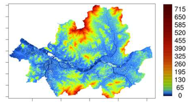서울시 1m 해상도 수치표면모델(DSM) 고도 (단위: m)