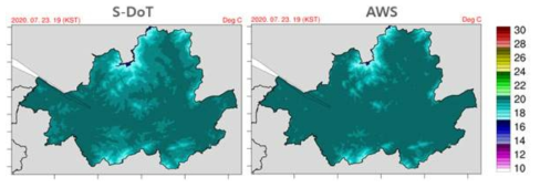 서울시 10m 해상도 기온 분석장 결과, S-DoT (좌) 및 AWS (우) (단위: 섭씨)