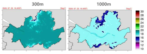 S-DoT을 활용한 서울시 10m 해상도 기온 분석장 결과, 300m 고도 기온 (좌) 및 1000m 고도 기온 (우) (단위: 섭씨)