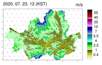 서울시 10m 해상도 바람 분석장 결과, 10m 고도 바람(색상: 풍속, 벡터: 풍향, 단위: m/s)